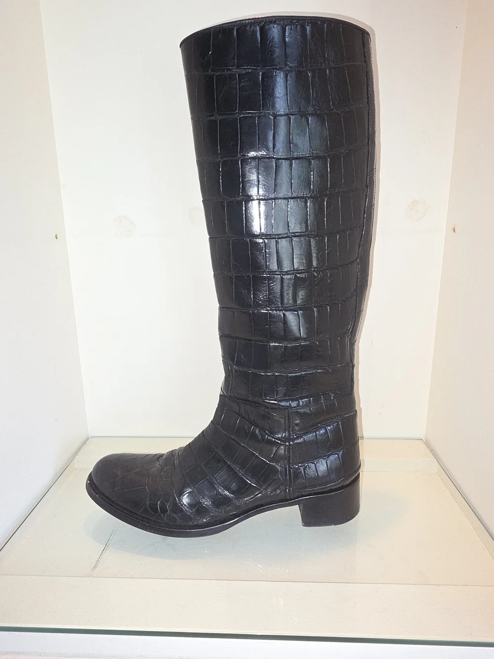 Women’s Brown/Black Leather Crocodile-Embossed Knee-High Riding Boot